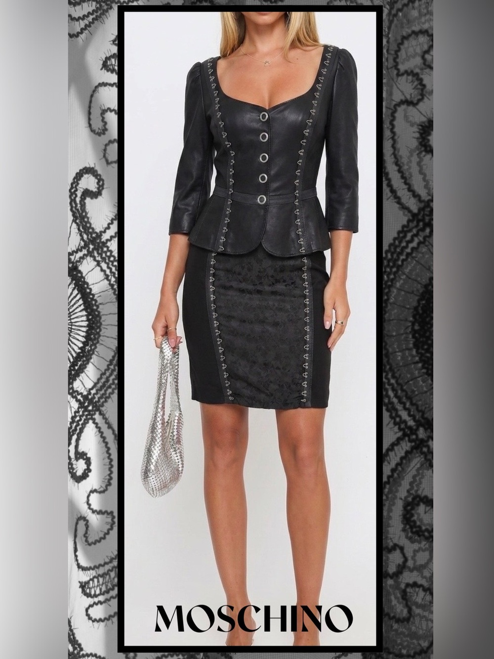 MOSCHINO Cheap and Chic Italy 2pc Black Satin Lace Jacket Top Skirt New 10/12